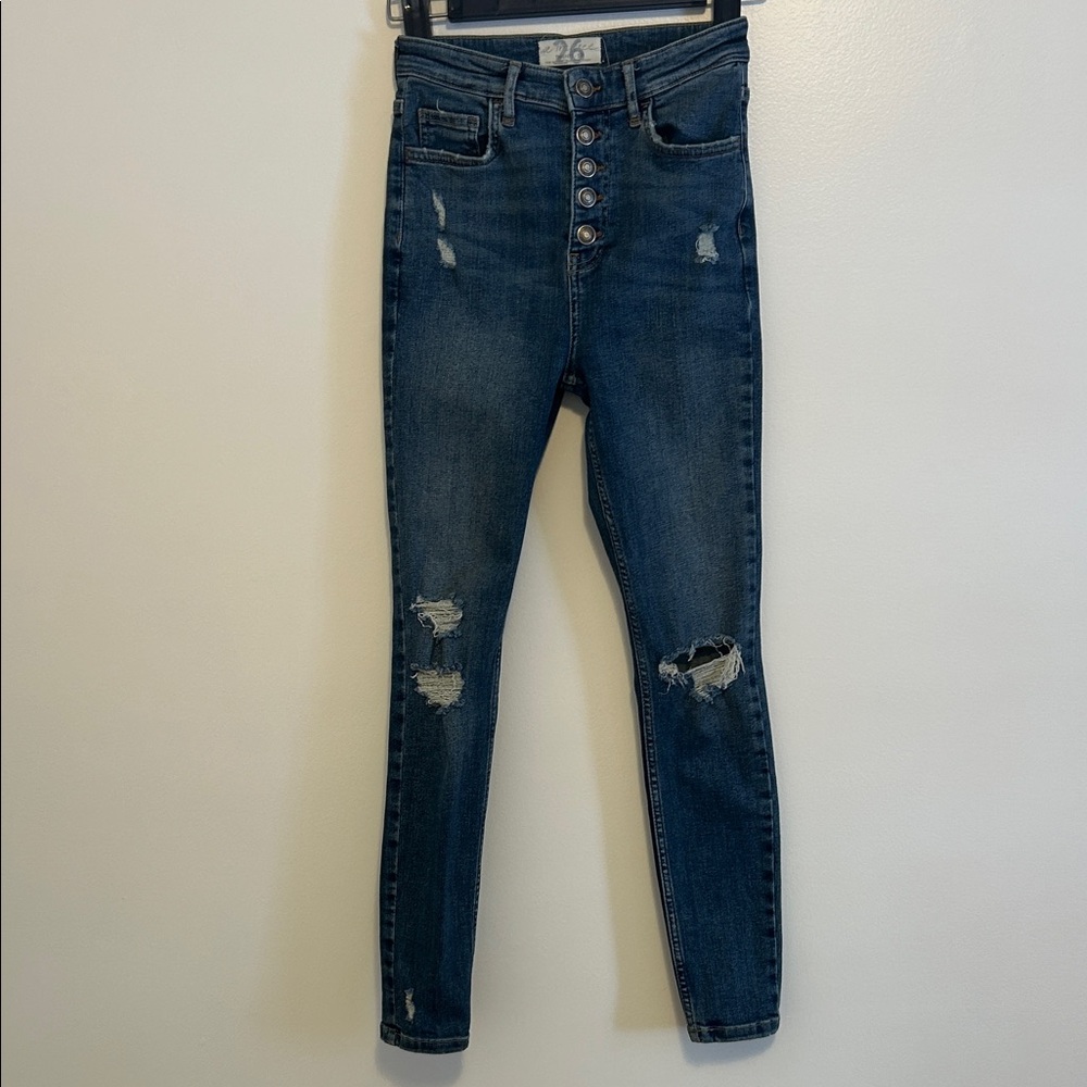 Free People High Rise Button-Fly Dark Blue Jeans